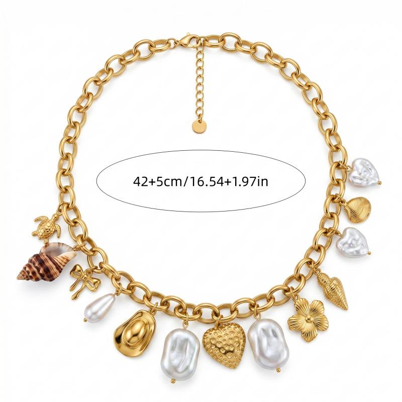 Accessories New European and American Stainless Steel Bow Love Turtle Conch Pendant Necklace Pearl Clavicle Chain