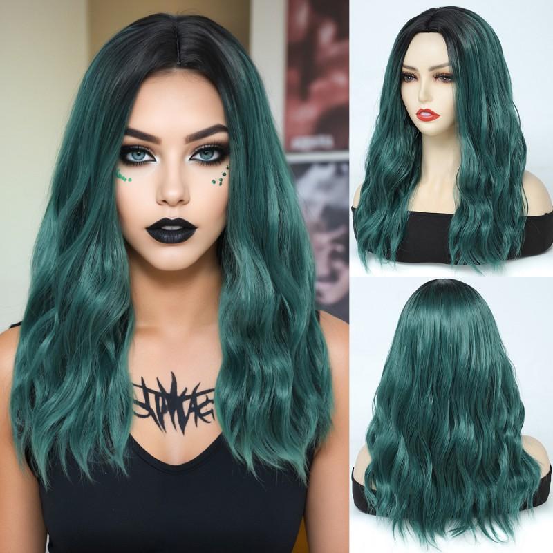 Womens Medium Part Long Wavy Wig Green Gradient Highlight Synthetic Full Fashionable Heat Resistant Any Face Shape