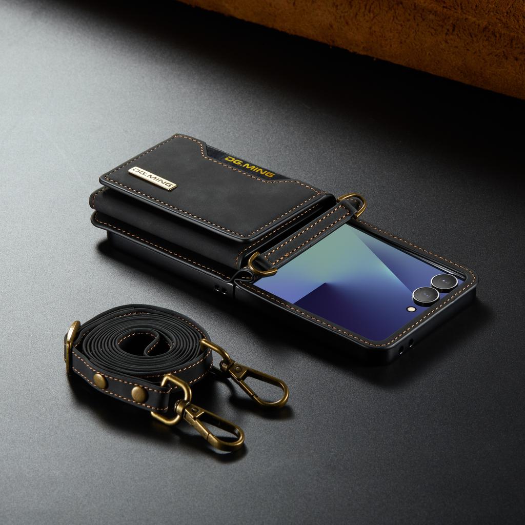 Crossbody Auto Leather Phone Case for Samsung Galaxy Z Flip 7 Flip6 5 4 3 Long Strap Metal Button Card Slot Wallet Stand Cover