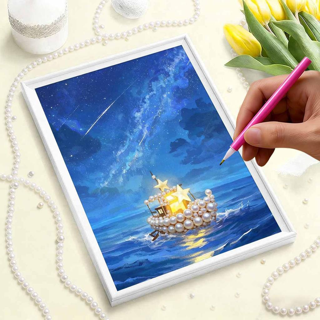 DIY Diamond Art Pearl Painting Kit for Adults,The Lonely Boat Special Shaped Pearl Art Painting Wall for Home Office Decor Handmade Gift