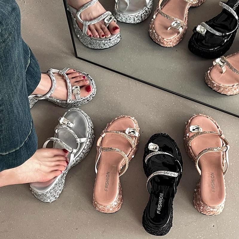 Thick-bottomed wedge slippers women's new summer outer wear fashion sequins transparent one-word set toe high-heeled sandals women