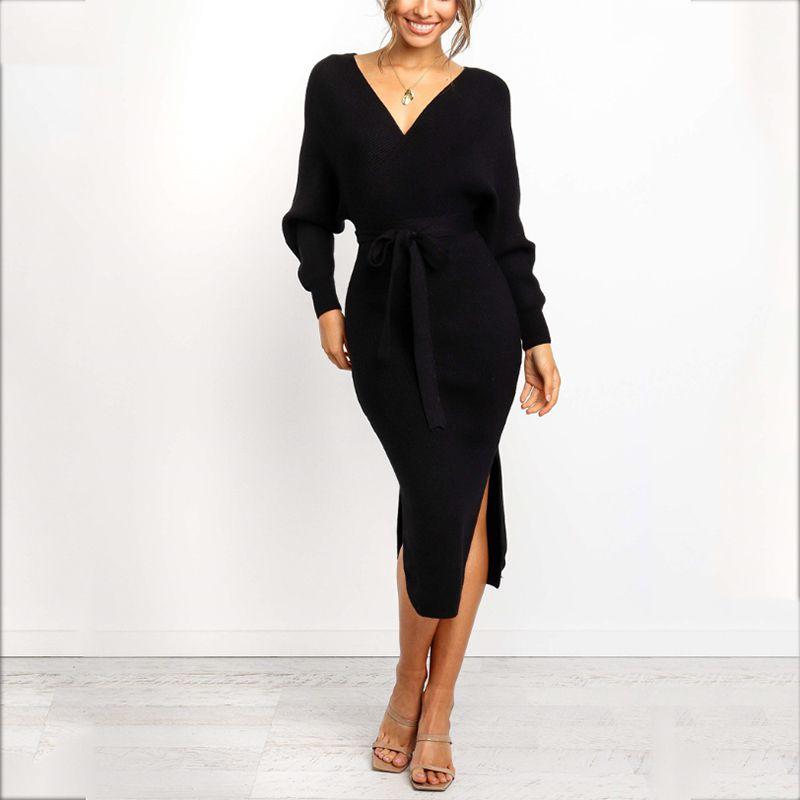 Elegant Women Winter Deep V-neck Knitted Sweater Dress With Cozy Long Sleeves