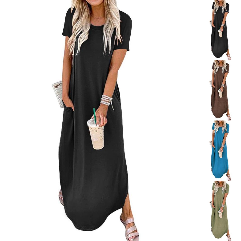 Women's Fashion Casual Loose Short Sleeve Round Tie Pocket Solid Color Maxi Dress