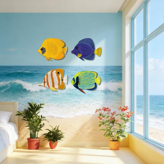 4 Stück Holzfisch Nautische Wanddekoration Rustikale Holz-Meeresfisch-Wandkunst Ozean Küsten-Thema Hängende Dekoration für Seehaus Schlafzimmer Badezimmer