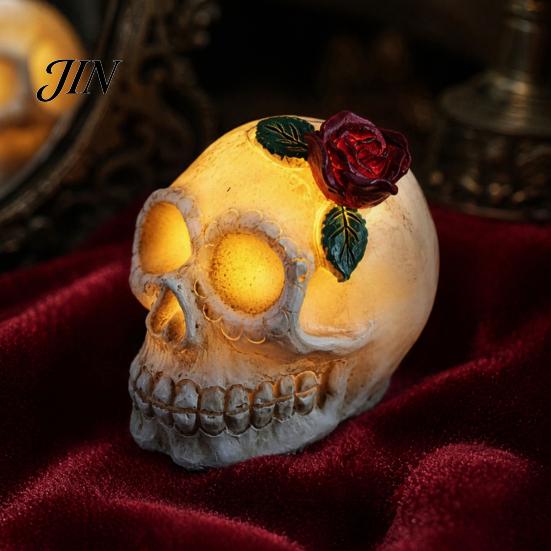 Skull Halloween Lamp Gothic Light Up Rose Flower Figurine, Day of Dead Resin Durable Statue, Spooky Skeleton Head for Desk Home Decor Party