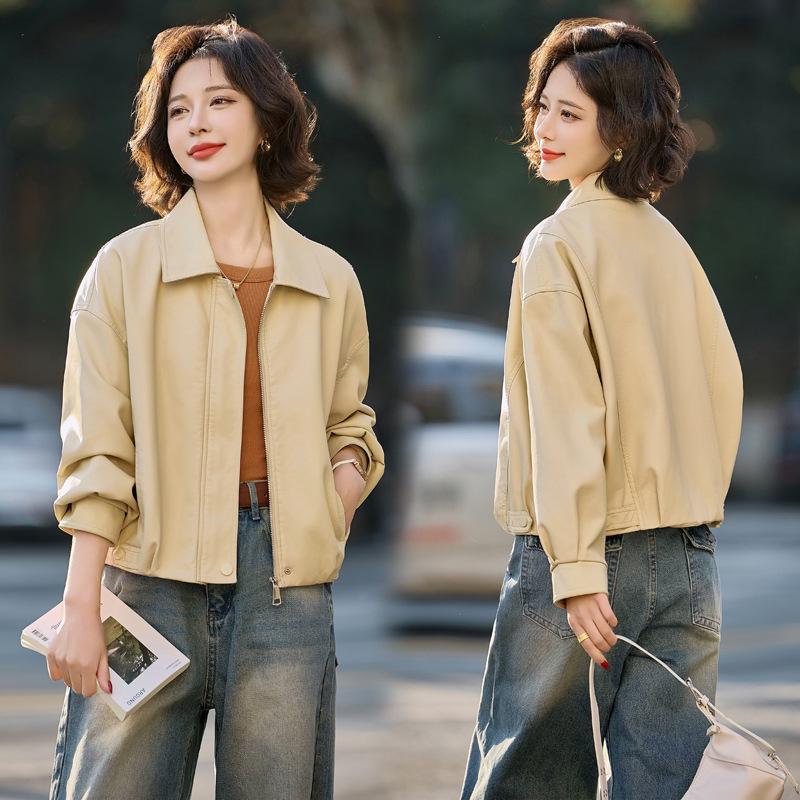 

2025 Женская куртка с длинным рукавом и лацканами из искусственной кожи, повседневная короткая верхняя одежда YB3569 M 90-120 kg жёлтый/зерна