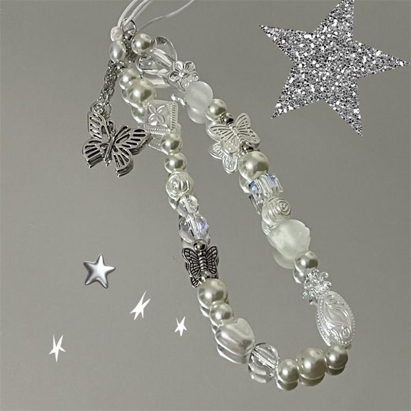 

Korean Cute 3D Silvery Butterfly Pearl Beads Beaded Phone Chain For iPhone Camera Hanging Rope Anti-Lost Lanyard Hanging Jewelry