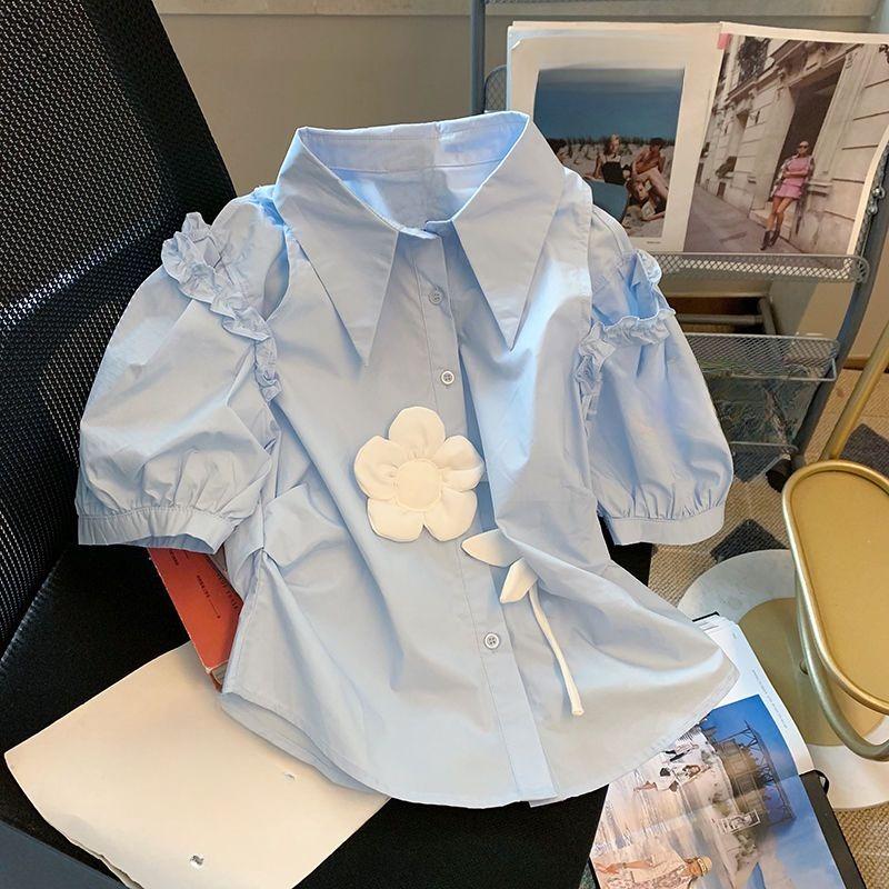 

Синяя женская рубашка с открытыми плечами, однобортная, с трехмерным цветочным принтом, с короткими рукавами, стильный дизайн, женская одежда M синий