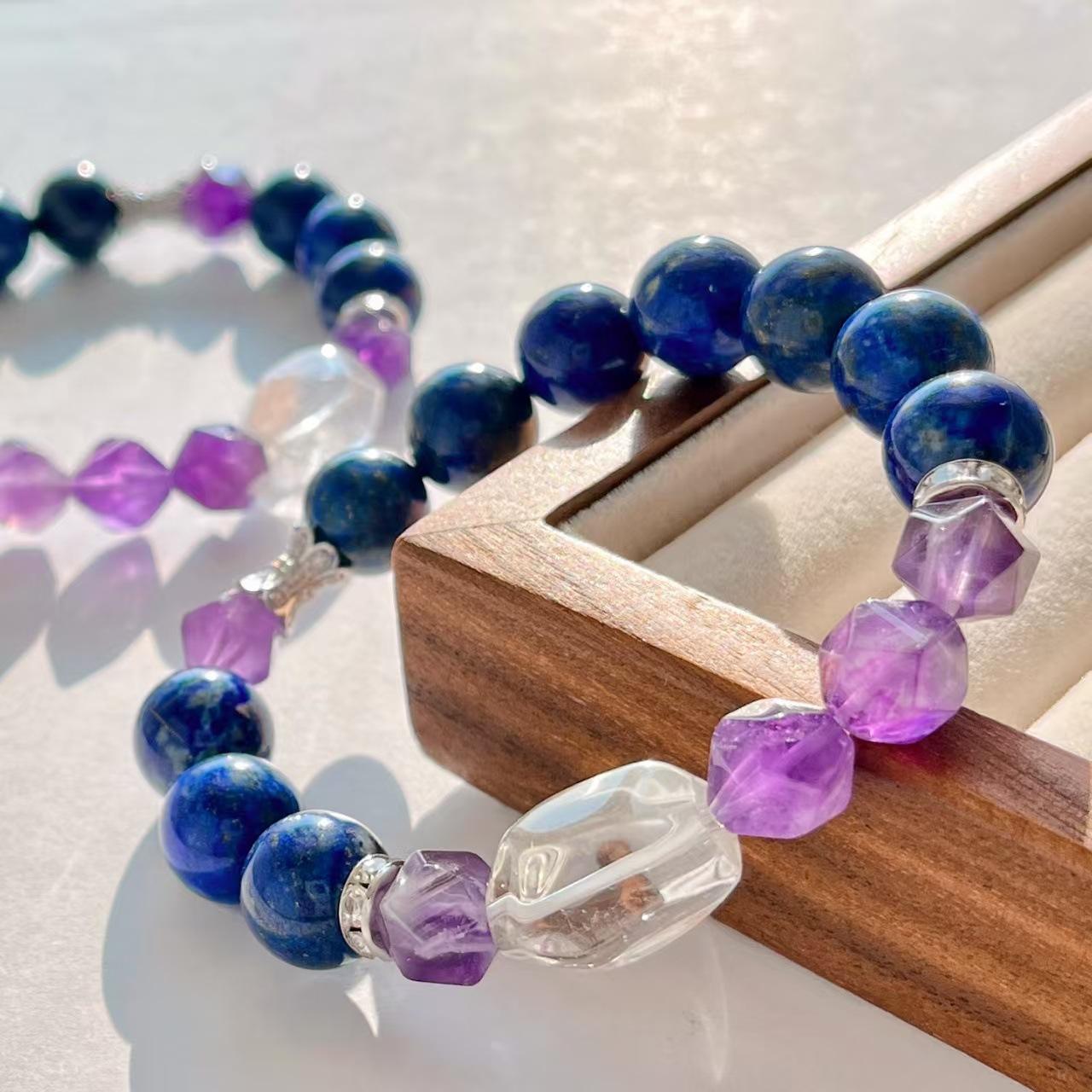 Haute Couture Large Grain High Quality Oil Painting 12Mm Natural Lapis Lazuli White Crystal Amethyst Bracelet Bracelet
