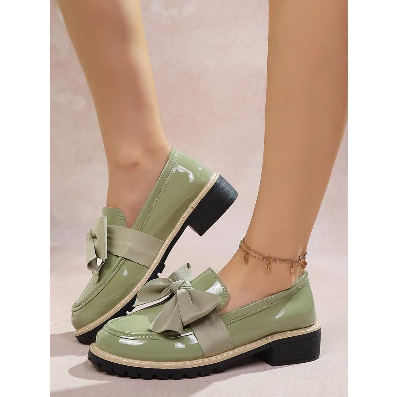 Damen Übergröße Britischer Stil Lackleder Loafers Neue Herbst Schleife Mittelhoch Blockabsatz Schuhe