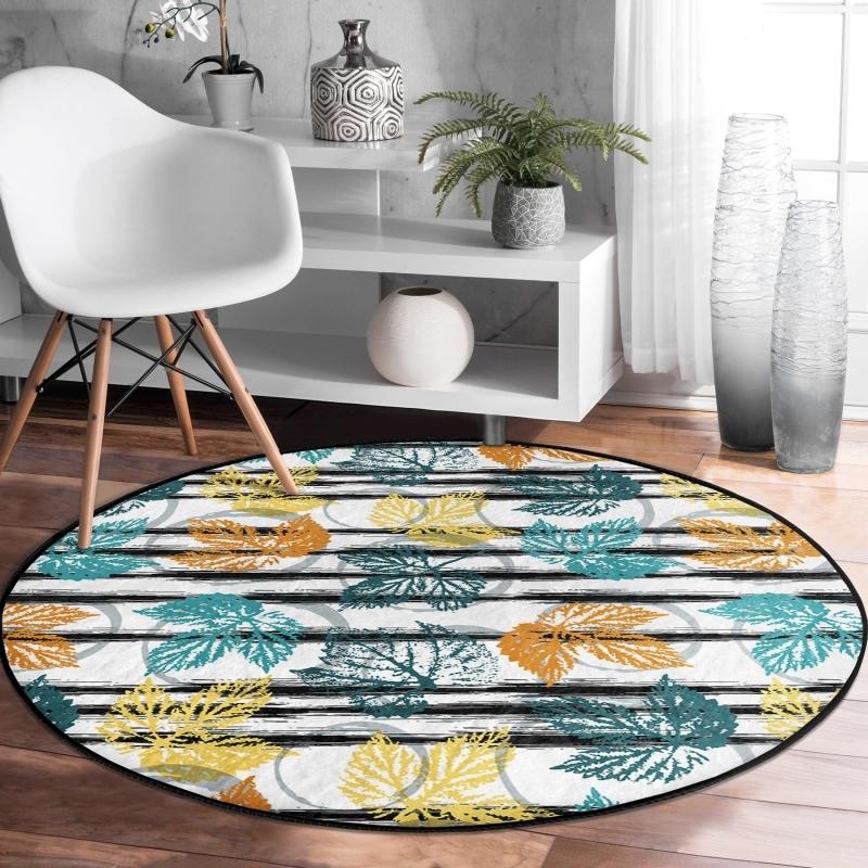 

Black Striped Color Leaf Pattern Digital Printed Modern Outdoor Washable Non-Slip Base Round Carpet On White Background
