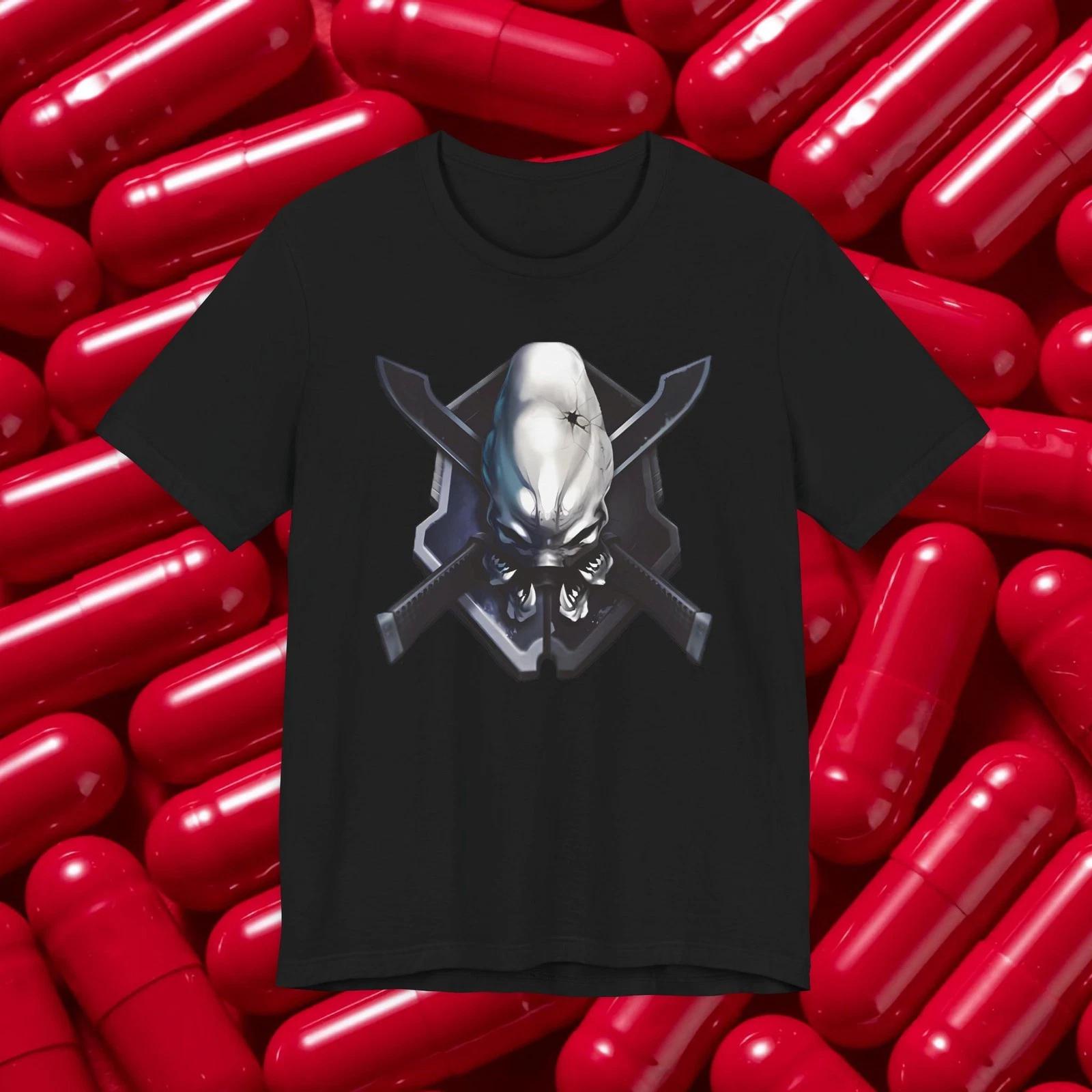 Legendary Alien Skull Halo T-shirt | Crossed Swords Gamer FPS Graphic Tee 4XL