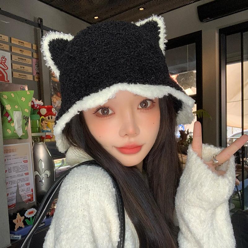 

Панама с милыми кошачьими ушками, шерстяная, осенне-зимняя, теплая, шикарная вязаная шапка для женщин чёрный