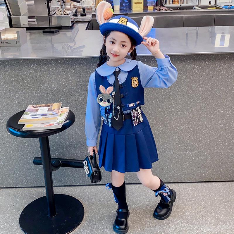 Bunny Police Officer Cosplay Dress - Girls' Spring/Autumn Academy Style JK Lolita Princess Set