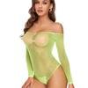 Womens Babydoll Lingerie Sheer Fishnet Mesh Long Sleeve Bodysuit Sparkling Rhinestones Jumpsuit Leotard Top Nightwear