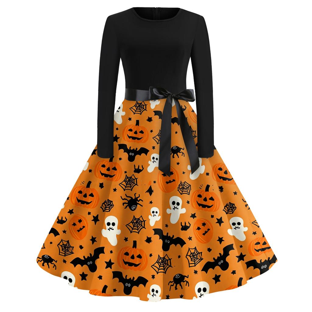 Women's Casual Halloween Print Dress Long Sleeve Round Neck Vintage Style Midi Dress with Waist Tie for Seasonal Occasion