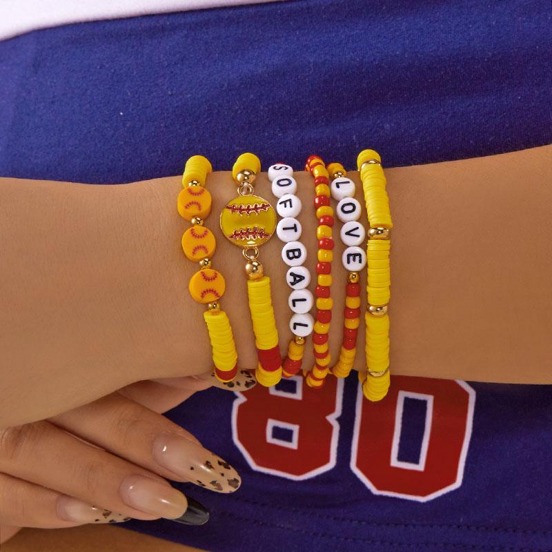 

Football Theme Letter Ball Charms Hand Chains Girls Sports Stackable Bracelet Colorful Polymer Clay Beaded Bracelets