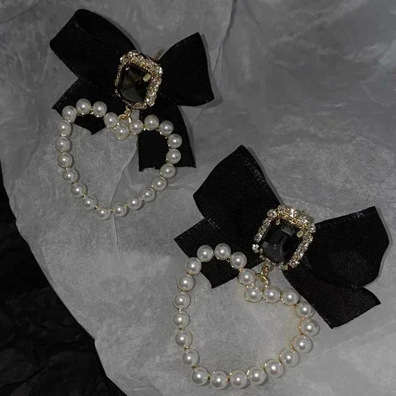 Women Cute Fashion Black Bowknot Square Crystal Zircon Drop Earrings Elegant Pearl Heart Creative Gifts Accessories Decor