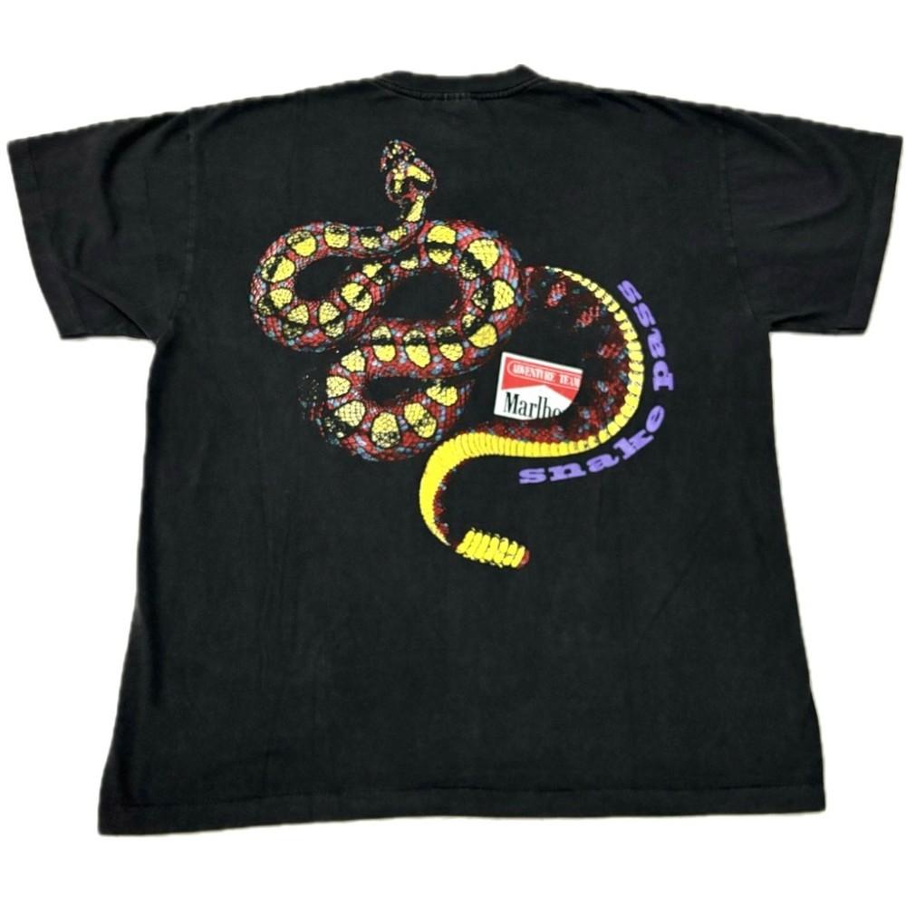 Vintage MARLBORO Snake Pass Western XL Faded Pocket Black RARE T-shirt REPRINT