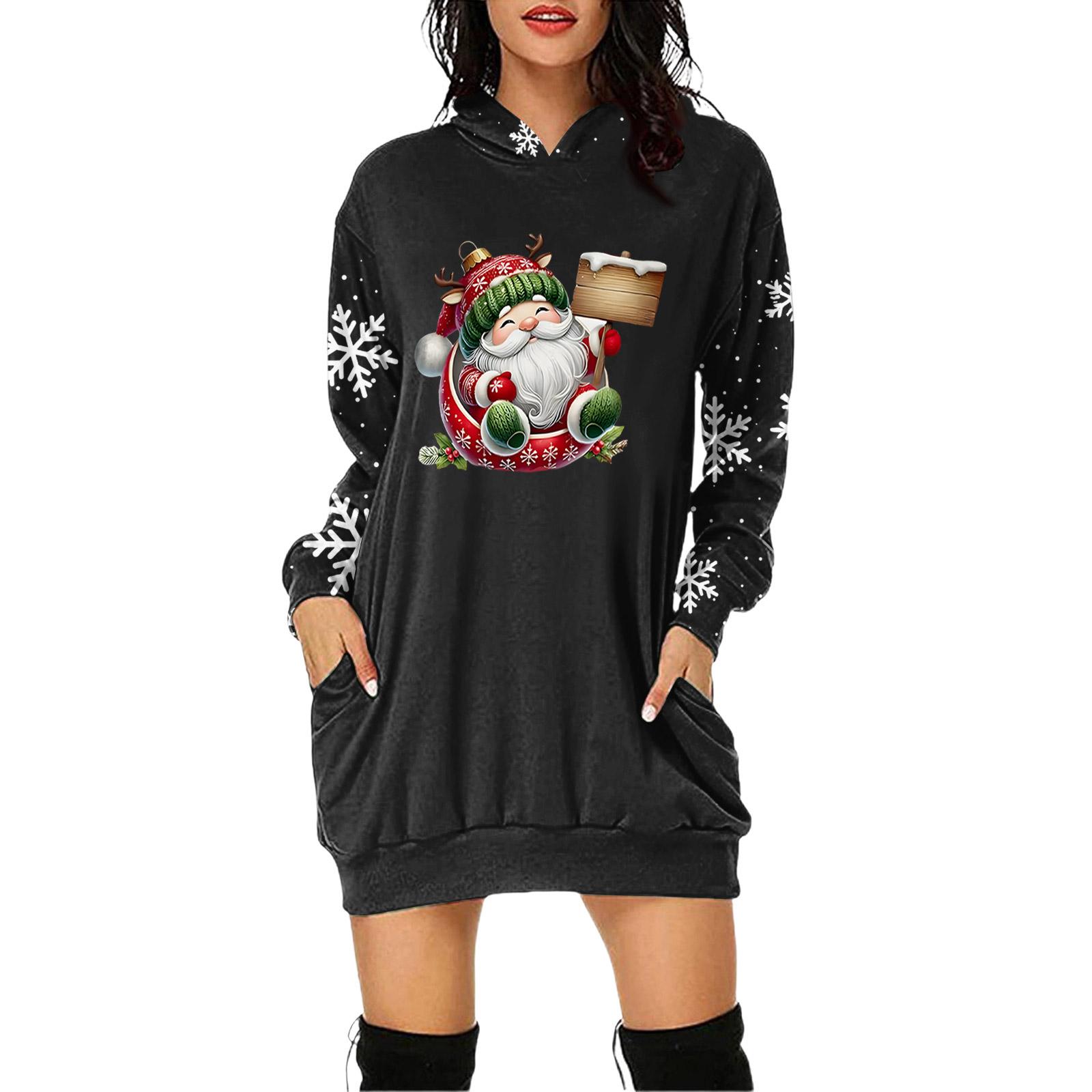 

Женское платье-пуловер с капюшоном и карманом с рождественским принтом и длинным рукавом XL чёрный