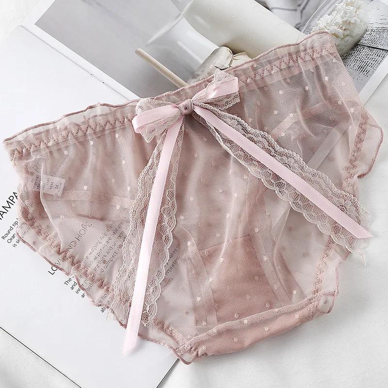 Mesh Transparent Sexy Lace Bow Thin Breathable Women's Underwear High Elasticity Japanese Style Lovely Sweety Panties