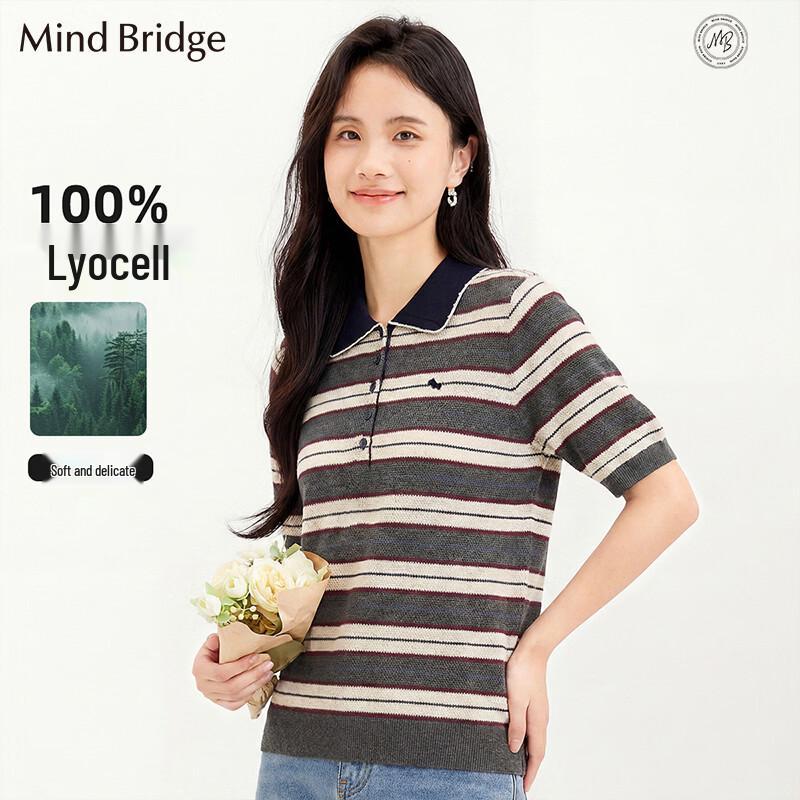 Mind Bridge Women s Striped Lyocell Polo Knit Top One Size
