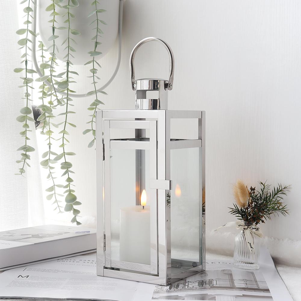 Sliver Stainless Steel Candle Holder Lantern Hanging Lantern Candlestick Light for Indoor Outdoor Wedding Centerpiece Home Decor