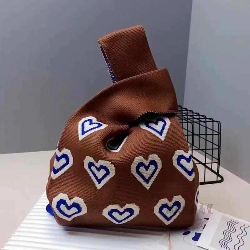 Women's Knot Wrist Bag Handmade Knitted Bag Portable Mini Striped Tote Bucket Phone Bags Large Capacity Autumn Winter Handbags