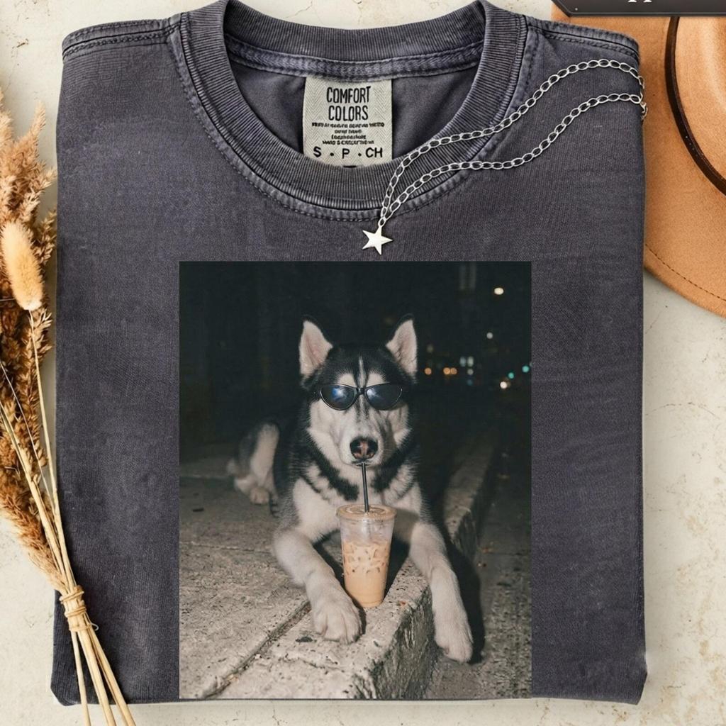 Siberian Husky Drinking Iced Coffee Shirt, Funny Husky T-Shirt, Comfort Colors Dog Lover Tee, Husky Mom Gift, Cute Coffee Dog Shirt