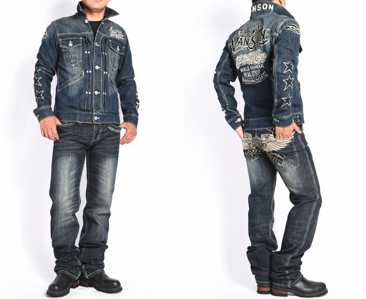 Our jeans Custom Design Logo Embroidery Patch Denim Jacket Distressed Indigo [Banson] store's custom-made & JFV-2302-INDIGO (S, (A))