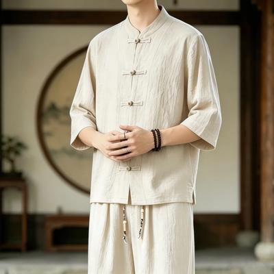 Sommer Traditionelle Hanfu Hemden Herren Kung Fu Tai Chi Hemden Herren Kurzarm Tang Anzug Uniformhemd Männlich Chinesischer Stil Bluse