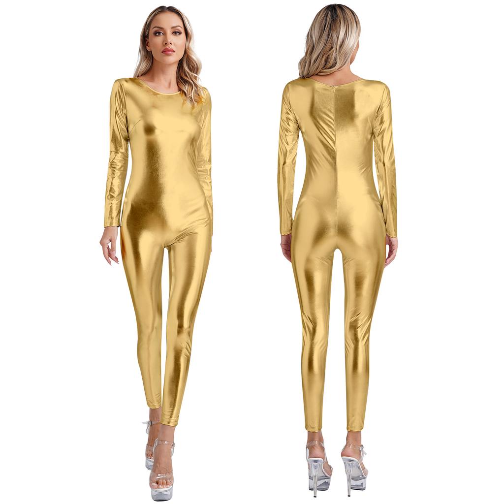 Costume de Festival Body Metalic Dintr-o Bucată pentru Femei Haine de Club Strălucitoare Haine de Dans Mânecă Lungă cu Gât Rotund Croială Slim Fit Body Full Corp Costume de Festival