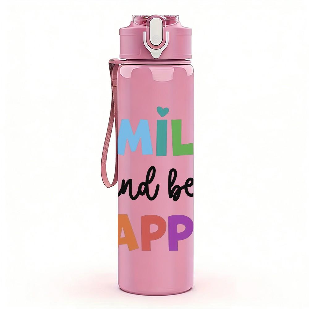 1PC Smile And Be Happy Pastel Lettering Print 750ml Color Plastic Sports Water Bottle Leakproof Flip Straw Lid Suitable for Sports Office Home Use