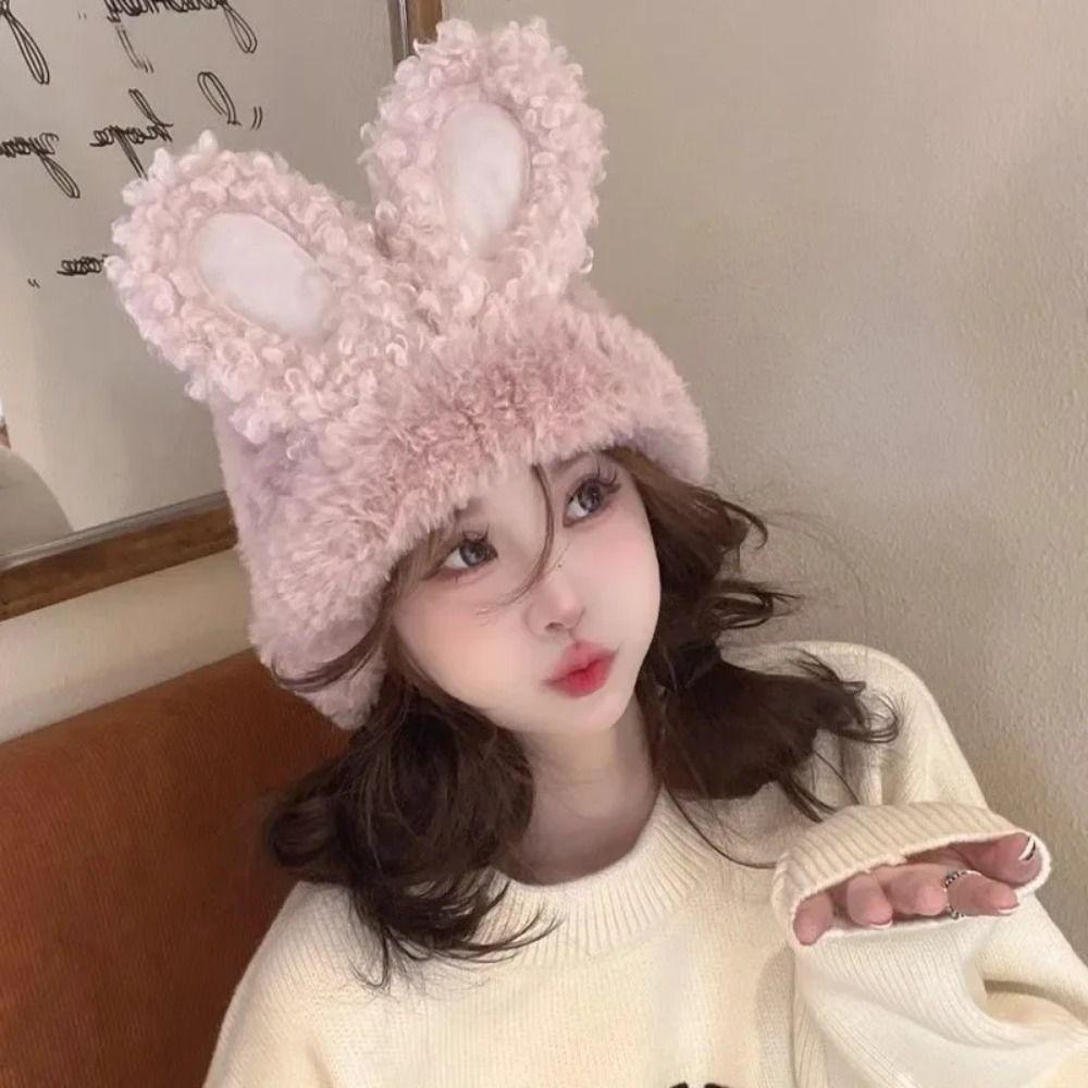 Fluffy Rabbit Ear Beanies Solid Color Winter Outdoor Warm Cap Knitted Plush Hat  Outdoor Activities