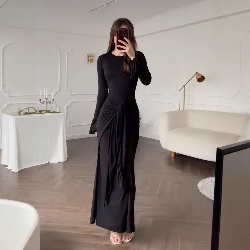 2025 Sommer Satin Hohe Taille Raffung Langes Kleid für Damen