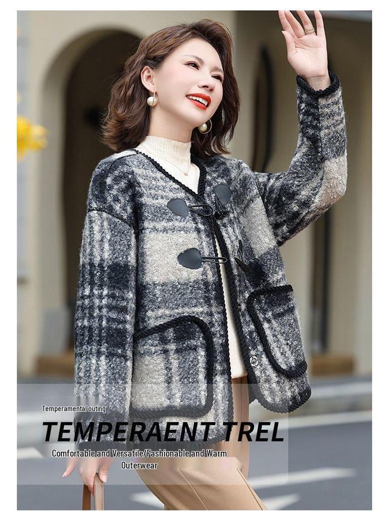 Plaid Woolen Coat for Middle-Aged & Elderly Women - Spring & Autumn Casual Cardigan