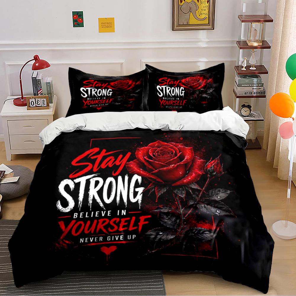 Stay Strong Red Rose Motivational Bedding Set Bedding set (1 duvet cover, 2 pillowcases, duvet not included) 135x200cm