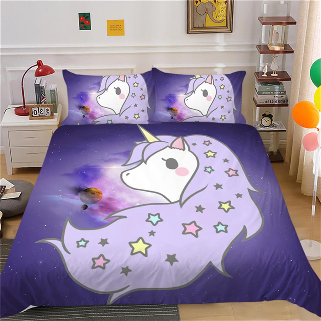 3D Unicorn Digital Printing Quilt Cover, Cartoon Horse Gir Microfibre Bedding Set With Pillowcases 50*75Cm For Kids Boys Girls