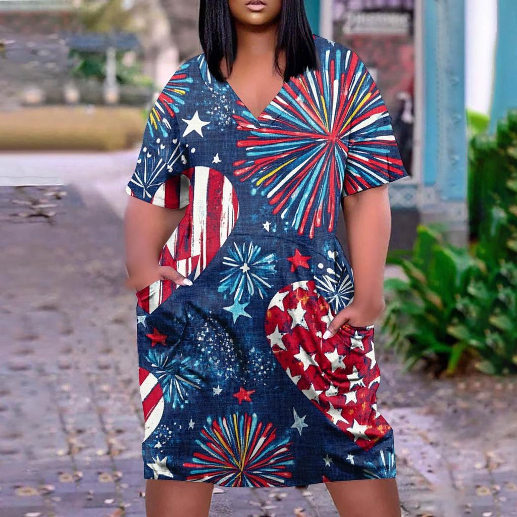 Summer Plus Size V Neck Short Sleeve Knee Pocket Gradient Print Casual Dress For Women