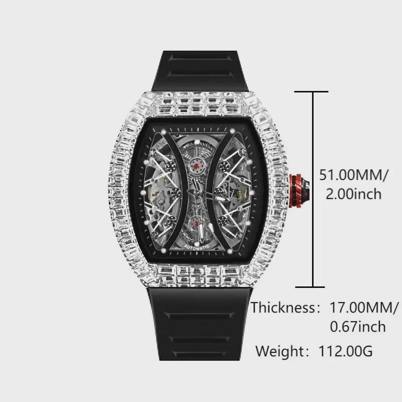 Top Brand Men's Automatic Mechanical Watch Fashion Tonneau Case Luminous Pointer Diamond Skeleton Watch