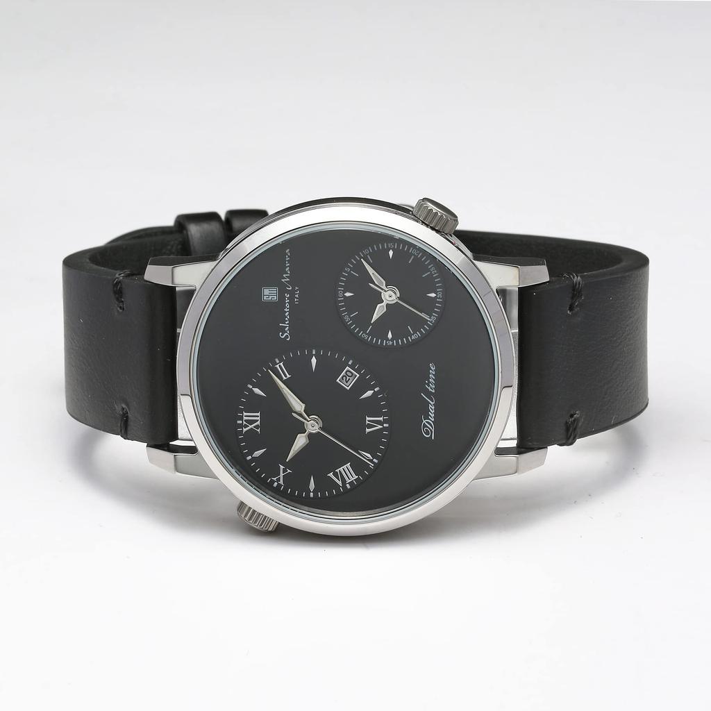 Salvatore Marra and Stainless Steel Black and Analog Quartz Dual Business and Leather SSBK Men's Women's Watch, Silver, Movement, Time, Casual, Strap,