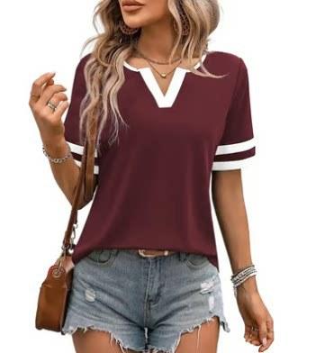 European and American Women's Summer Top V-neck Short-sleeved T-shirt Color Matching Casual T-shirt