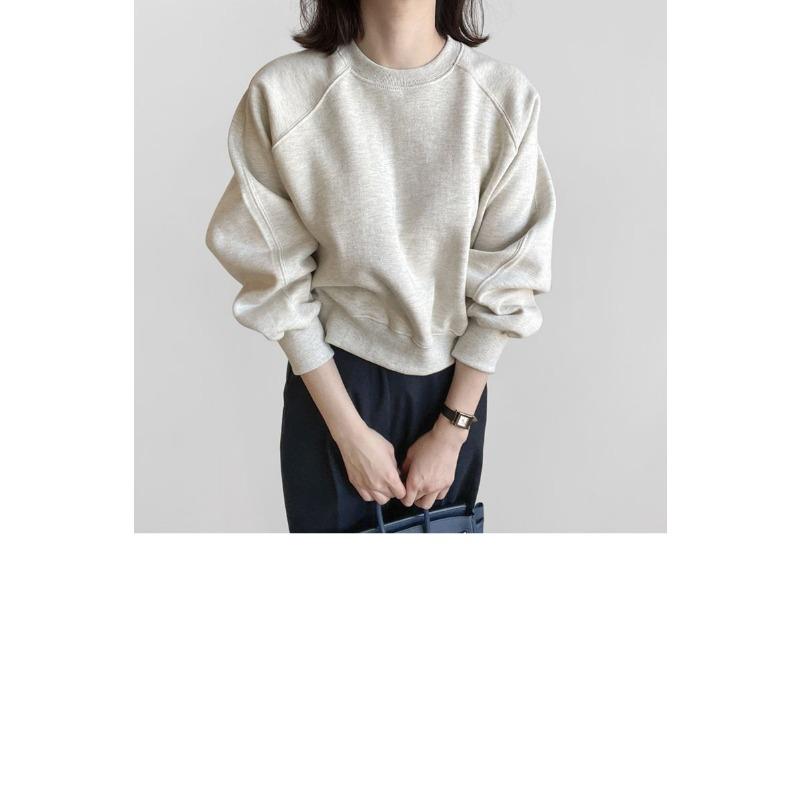 Women's Fleece Simple Solid Color Oatmeal Sweatshirt Commuting Long Sleeve Round Neck Pullover Casual Loose Top