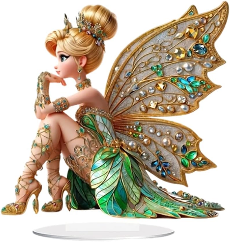 2D Акриловая статуэтка цветочной феи-бабочки с бриллиантовыми украшениями, мини-эльф, садовое украшение для книжной полки и подоконника, смола b 4XL