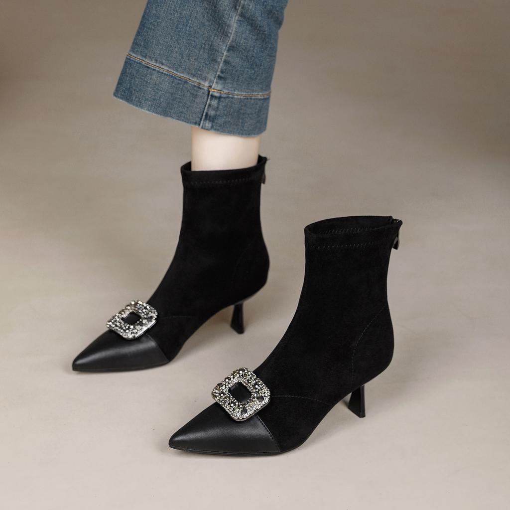 Pointed Fashion High Heel Boots Slim Heel Chelsea Boots Rhinestone Square Buckle Skinny Boots Medium Boots