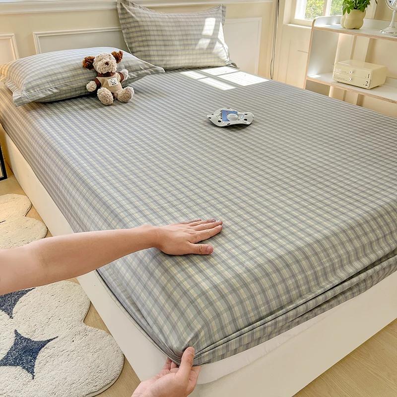Plaid Fitted Sheet With Elastic Band Non Slip Adjustable Mattress Cover Soft Comfortable For Single Double King Queen Size
