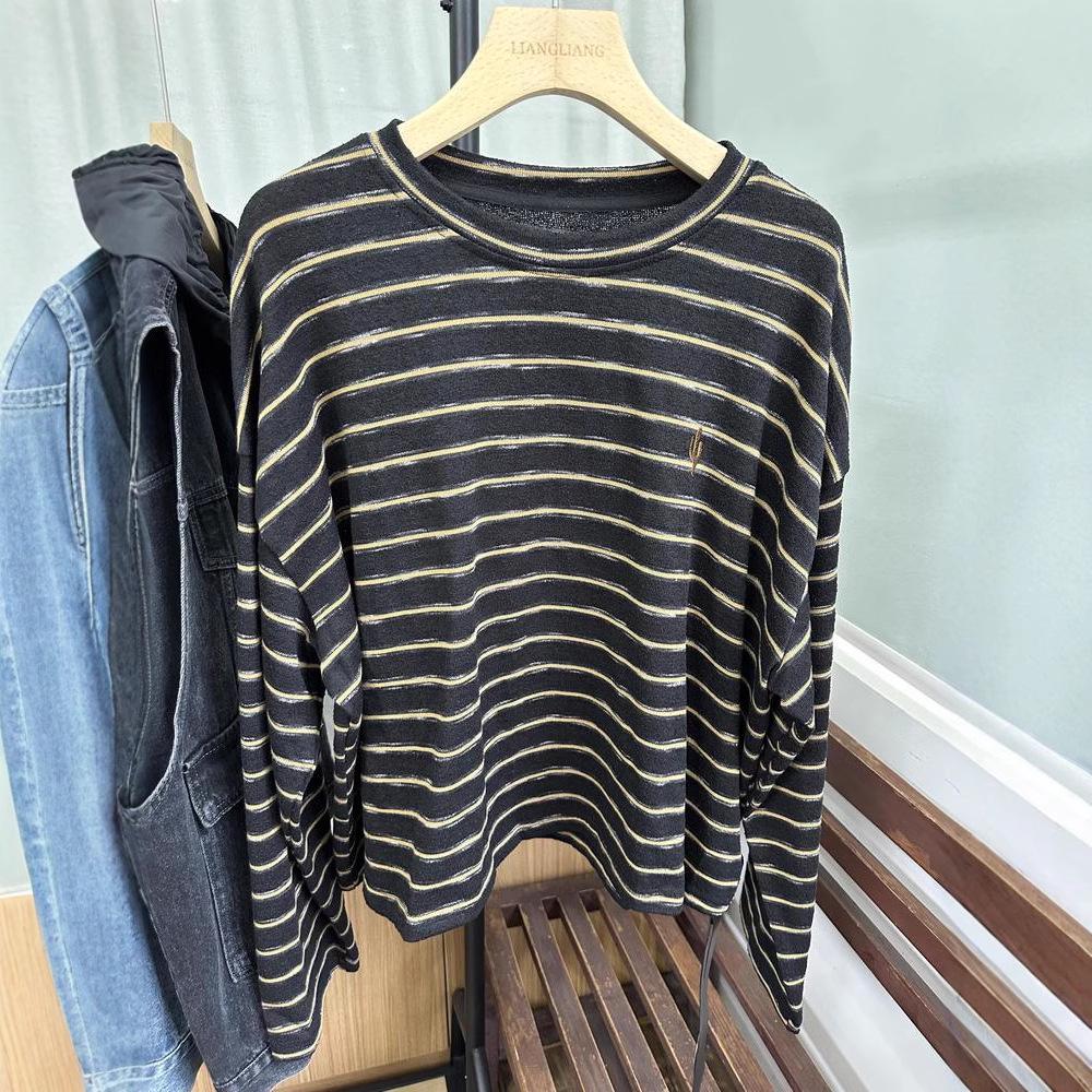 Xiao Wang's 52009 Autumn Korean-Style Loose Plus Size Casual Striped Round Neck Long Sleeve T-shirt