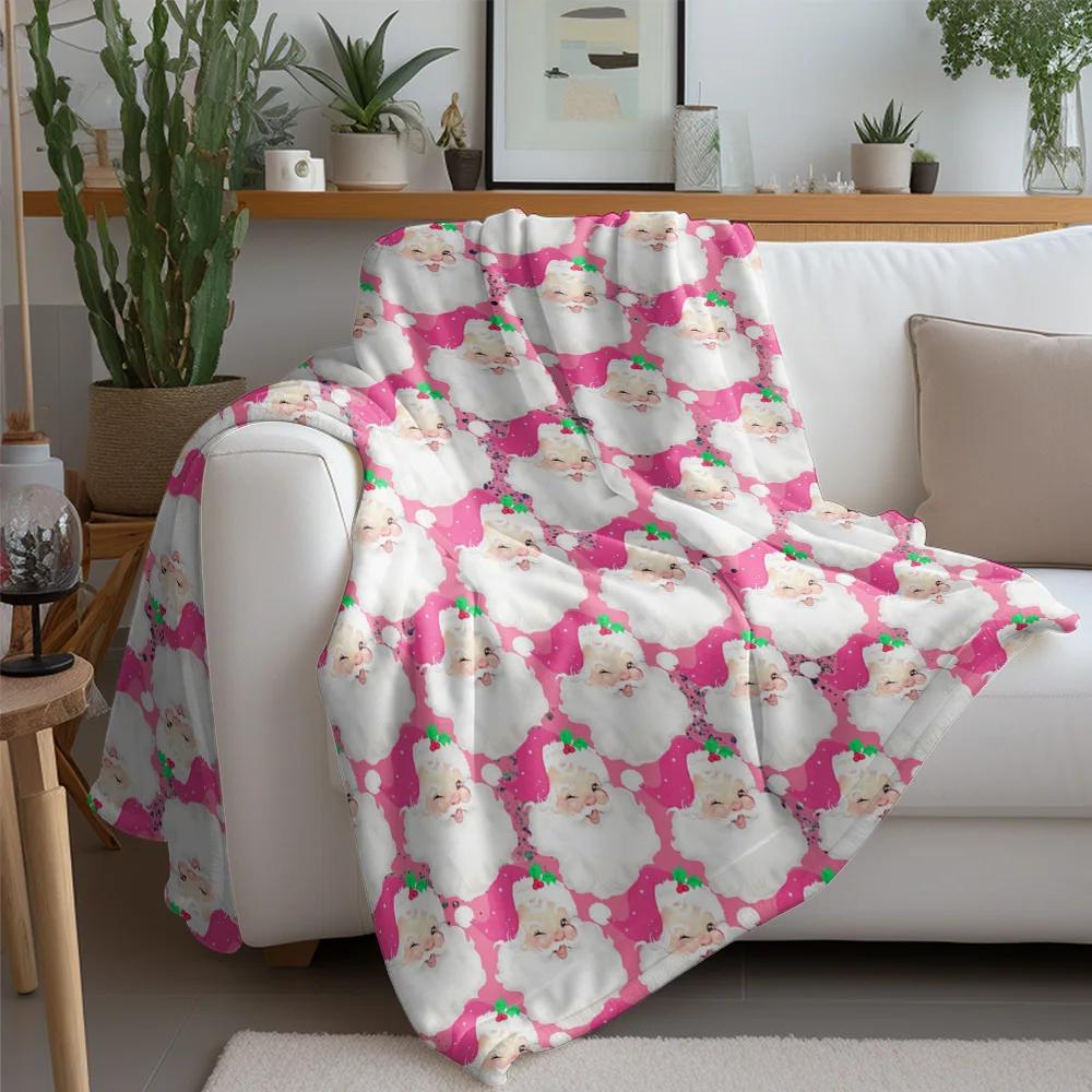 Pink Santa Fleece Blanket, Cute Christmas Pattern with Green Hat Design, Soft Plush Throw for Festive Sofa and Home Decor