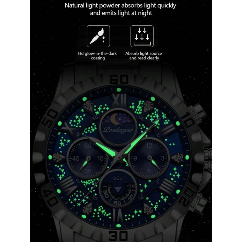 POEDAGAR 1 pz Orologio Sportivo da Uomo, Cronografo Impermeabile, Orologio al Quarzo di Lusso in Acciaio Inossidabile Luminoso con Scatola Regalo