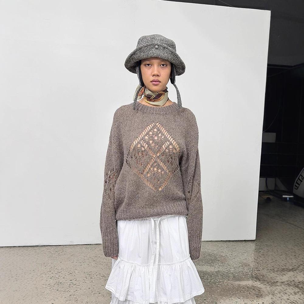 Alpaka-Wolle Ausgehöhlter Lockerer Strickpullover - Herbst/Winter Langarm Einfarbige